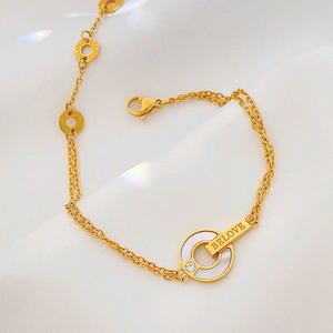 Elegant gold double-chain bracelet with white shell circle pendant and BELOVE engraving