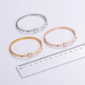 18K gold-plated bangle set with square mother of pearl and rhinestone accents