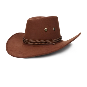 Detail of dark brown faux suede cowboy hat featuring woven rope band and bronze air vents