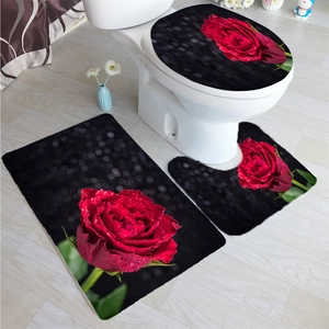 Detail view of 3D red rose printed 3-piece bathroom mat set with non-slip texture