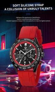 Detail view of the soft red silicone strap and chronograph dial on a racing style watch