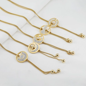 18K gold plated stainless steel sweater necklaces with diamond charms and Love engraving