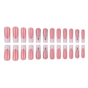 Unghie finte French rosa con strass lucidi e forma quadrata lunga set di 24 pezzi completi
