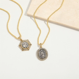 Ethnic vintage style geometric oval and hexagon coin necklaces with white zircon in gold finish
