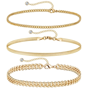 Detailed set of three gold plated anklets with Cuban and snake chain textures