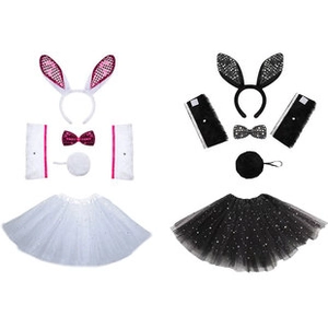Detail view of children's sequined rabbit costume set with ears and tutu skirt