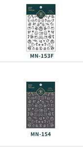Detailed view of Christmas themed nail stickers with snowflakes and gingerbread man patterns