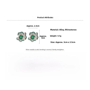 Detail shot of emerald crystal flower earrings showing size 3cm and 9.7g weight