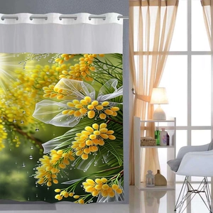 Close-up of waterproof polyester shower curtain with yellow mimosa floral print and metal grommets