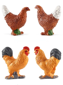 Detailed view of realistic rooster and hen models with rich feather textures and vibrant colors