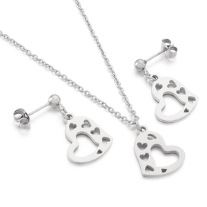 Polished stainless steel heart-shaped necklace and stud earring jewelry set in silver