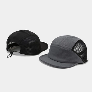 Breathable 5-panel outdoor camp cap with mesh paneling and adjustable toggle cord