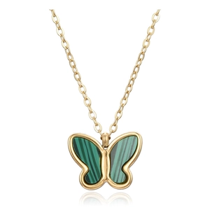 Elegant gold butterfly pendant necklace with malachite green stone inlay on white background