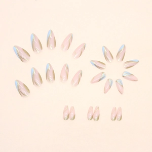 Blue glitter wavy pattern almond press-on nails set with elegant gold marble texture