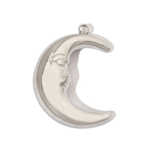 Silver crescent moon face pendant in stainless steel with detailed facial engraving