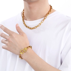 Minimalist gold plated titanium jewelry set featuring geometric chain link necklace and bracelet