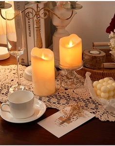 Detail of flameless LED pillar candles with flickering warm light for cozy home decor