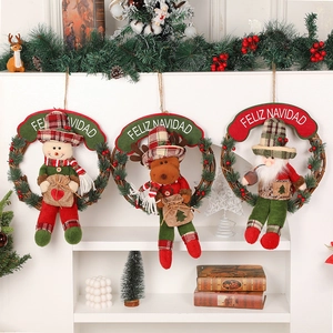 Christmas Wreath Rattan Ring Santa Snowman Reindeer Plush Doll Feliz Navidad Sign Hanging Holiday Decoration For Home
