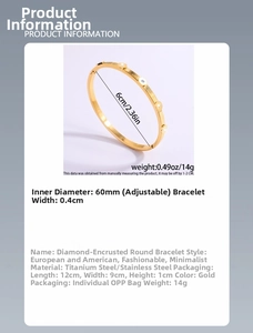 Detailed size specifications for the gold titanium steel bangle with inlaid crystals