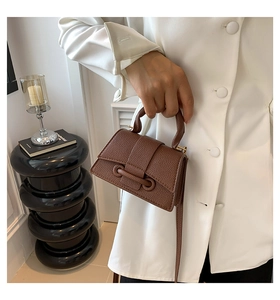 Detailed texture of brown litchi grain leather crossbody bag held by a model