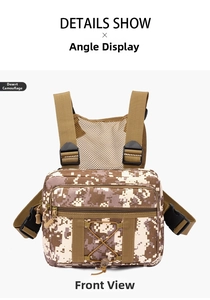 Detail show of desert camouflage tactical chest bag with front MOLLE system webbing