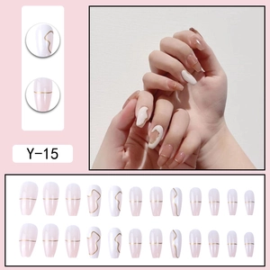 Minimalist press-on nail set Y-15 featuring pink and white tones with gold line accents