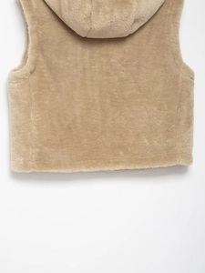 Detailed flat lay of a khaki fleece hooded vest featuring plush faux fur texture on the back