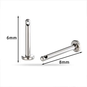 F136 titanium labret stud with universal side hole and flat base in 6mm and 8mm sizes