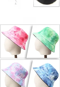 Detail showing colorful tie-dye patterns and parallel stitching on cotton bucket hats