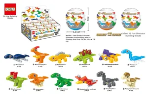 Detailed grid of 12 dinosaur building blocks inside capsule eggs with size dimensions