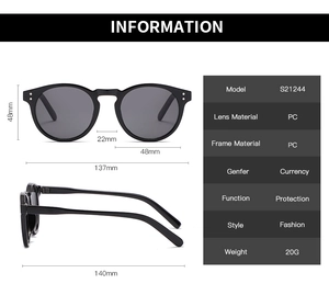 Detailed size chart for retro round PC frame sunglasses showing 137mm width and 48mm height
