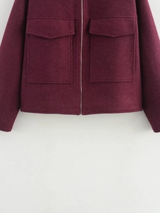 Women's wine red wool blend zip-up jacket with large flap pockets and street fashion style