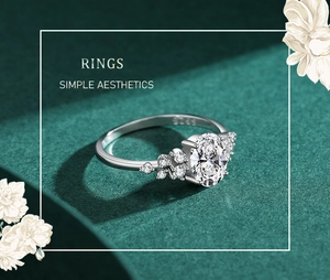 Macro shot of S925 sterling silver ring with oval-cut zircon and white floral accents