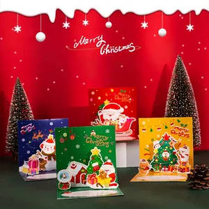 Christmas Greeting Card 3D Pop Up Creative Holiday Blessing Message Cardboard With Envelope Sticker Santa Tree Snowman