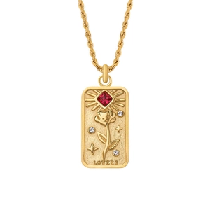 18k gold-plated stainless steel necklace with tarot lovers pendant and red gemstone