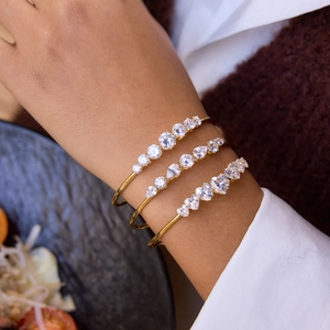 18K gold plated stainless steel open bangles with round pear and heart cubic zirconia