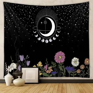 Moon Phase Floral Tapestry Polyester Wall Hanging Mystical Astrological Starry Sky Bohemian Decor Bedroom Living Room