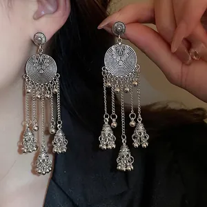 Retro Ethnic Round Tassel Earrings With 925 Sterling Silver Earring Post Vintage Boho Geometric Jhumka Bell Jewelry