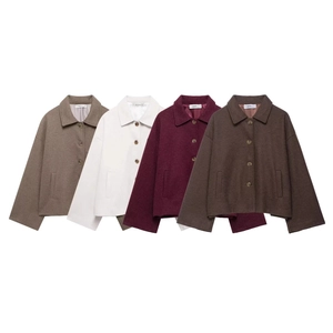 Women's loose wool jackets with lapels and buttons in khaki, white, burgundy, and dark brown