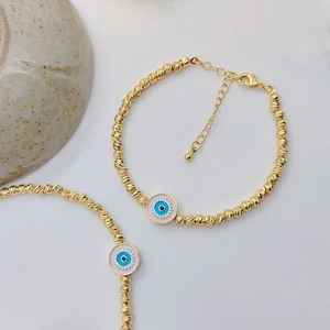 Evil Eye Beaded Bracelet 18K Gold Plated Copper Ethnic Lucky Turkish Enamel Charm Adjustable Hand Jewelry For Women