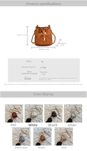 Detailed size chart for kids mini camellia drawstring crossbody bag with PU leather specs