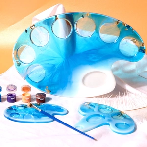 Artistic blue and white marble resin paint palette set with gold foil accents