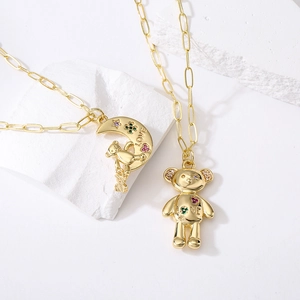 Cute Bear Crescent Moon Pendant Necklace 18K Gold Plated Copper Colorful Zircon Love Inscription Jewelry For Women Girls