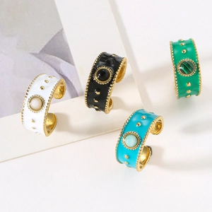 Vintage wide enamel rings with natural stones in black, white, blue and green colors
