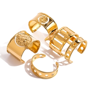 Bohemian gold plated open bangles with sun relief and hollow patterns on white base