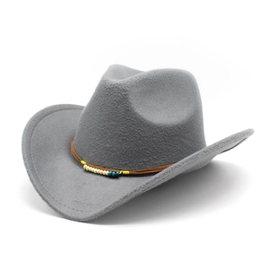 Detail of grey felt cowboy hat featuring ethnic style colored beads and brown string