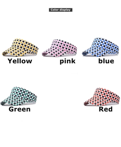 Detailed color display of checkerboard sun visors in yellow, pink, blue, green, and red