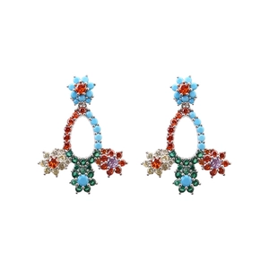 Elegant floral drop earrings with colorful zircon stones in a gold-plated setting