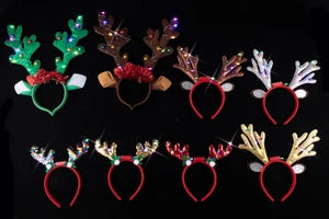Detailed grid of eight LED light-up Christmas reindeer headbands with sequins and bells