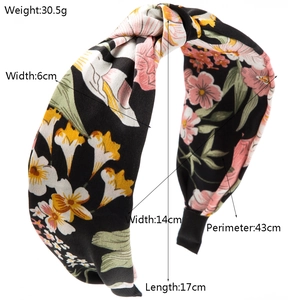 Floral knot headband in black with pink and yellow prints including full size dimensions